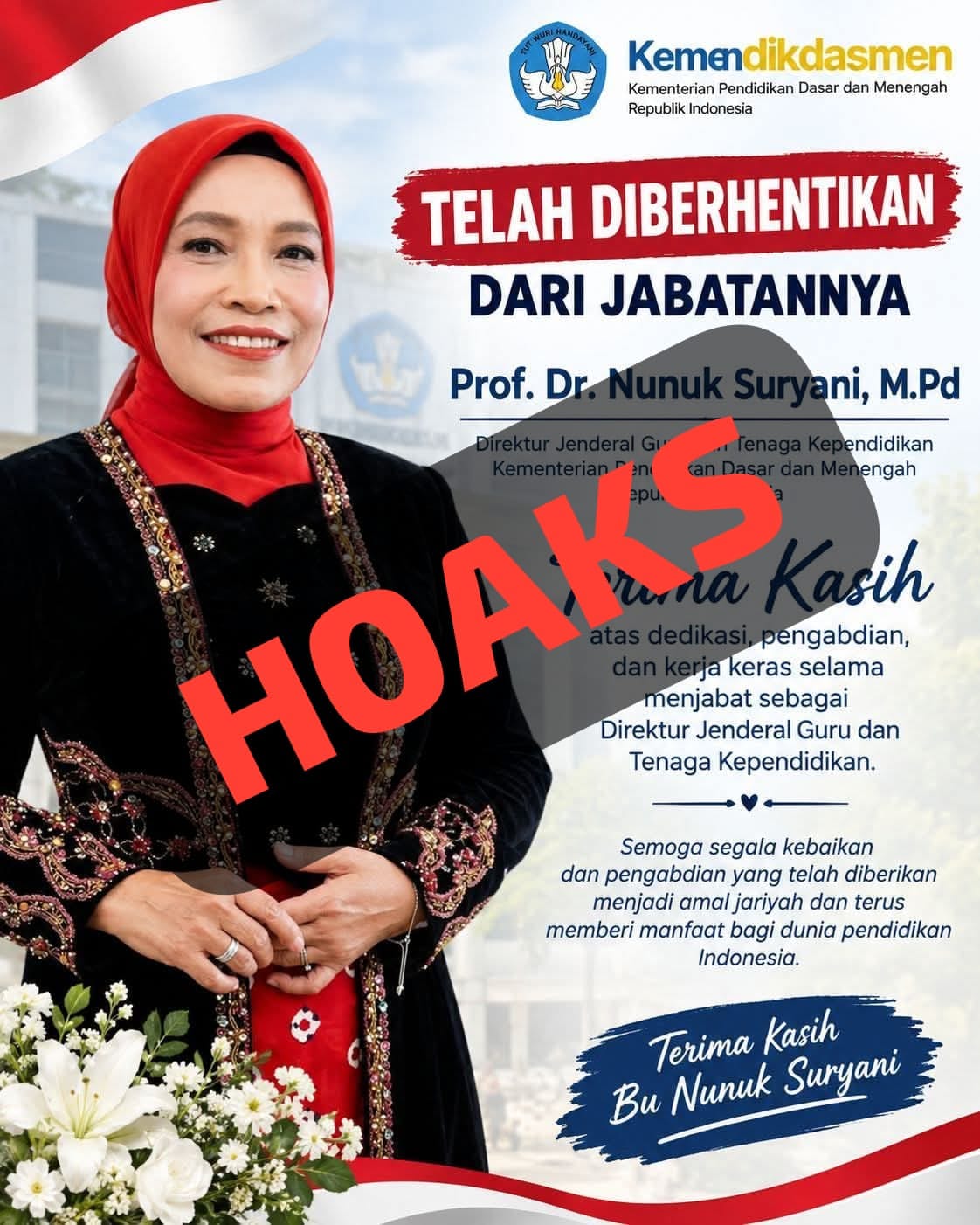 [Hoaks] Direktur Jenderal Guru dan Tenaga Kependidikan Kemendikdasmen Diberhentikan